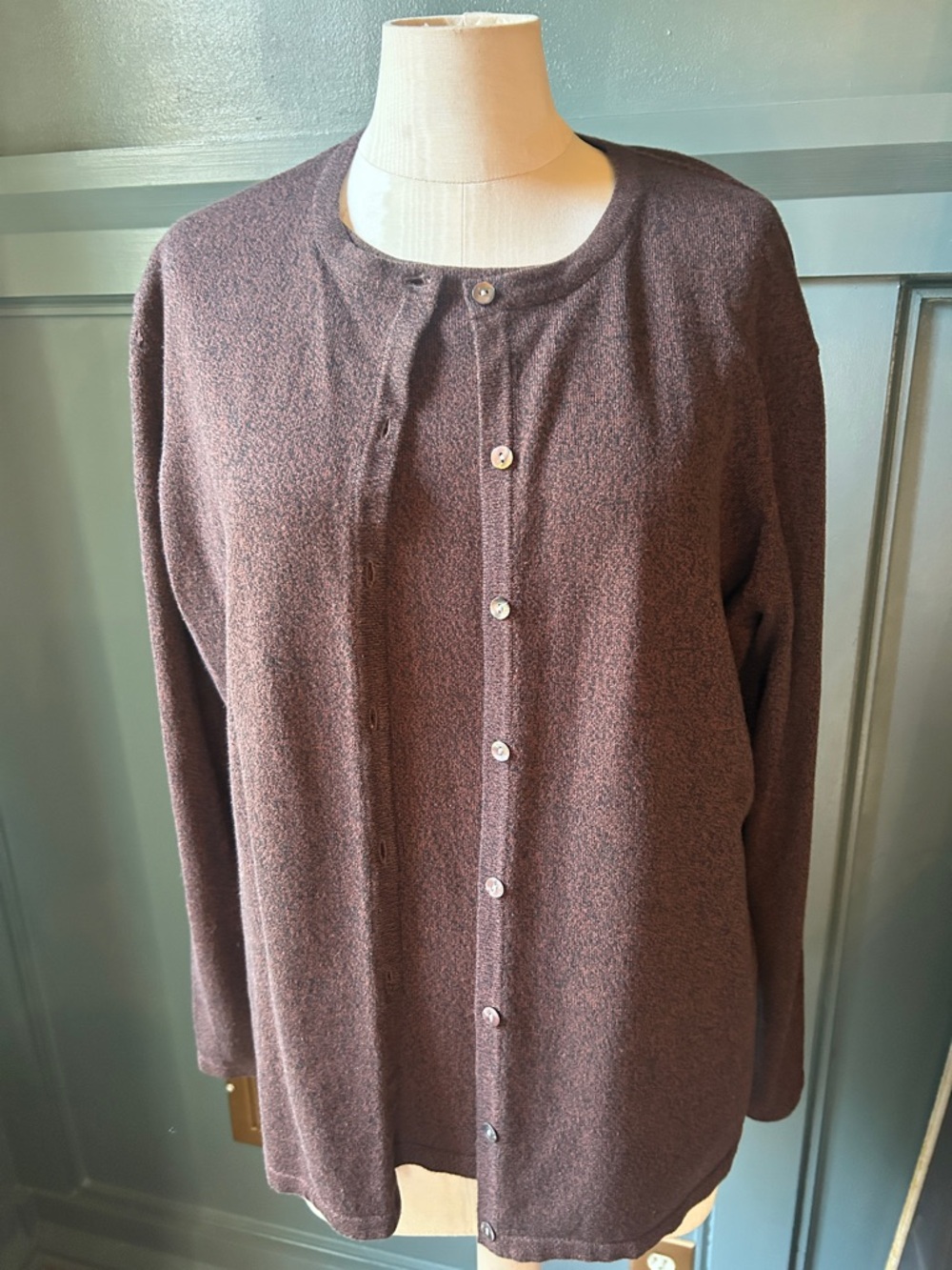 Liz Baker 
Button-Front Cardigan , short sleeve top Brown with black marbling .